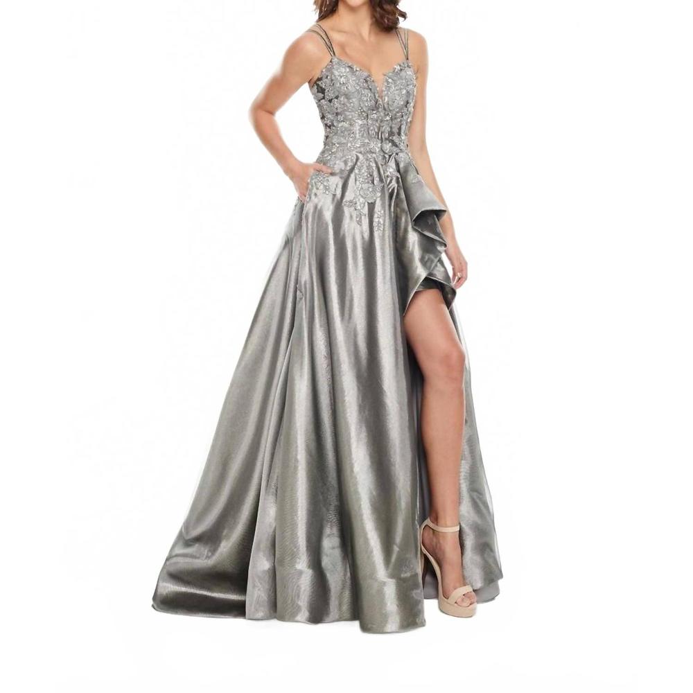 NEW RACHEL ALLAN metallic applique high low prom gown in gunmetal